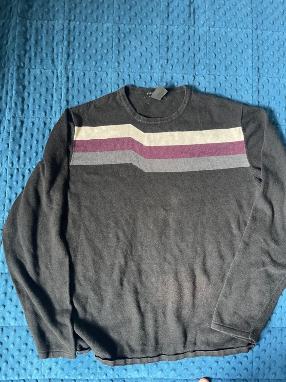 Kenneth Cole Black Crewneck Sweater with Cream, Purple & Gray Stripes
